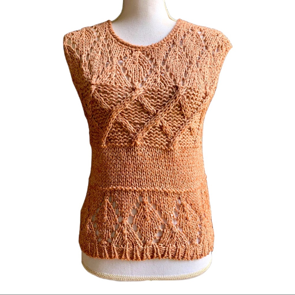 Vintage 80's 90's Silk-Blend Cable-knit Leaf Lace Vest/ Shell Top s/xs